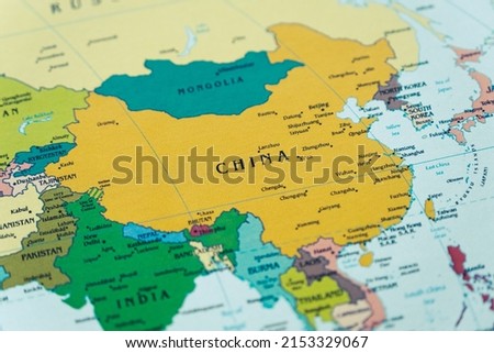 China country and location on map, macro shot and close-up of China on map, travel idea, vacation concept, Chinese culture, Asia destination, top view
