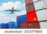 China export industry and global supply chain. Cargo airplane flying over logistic containers. Air logistics, shipping business, and merchandise export. Trade agreements and geopolitical implications.