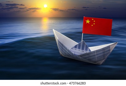 China Flag With Boat Made From Business Paper Graph On Sea And Sun Light.For Business Concept And Financial Concept Ideas.