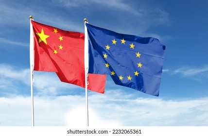 China flag and EU flag on cloudy sky. Waving in the sky  - Shutterstock ID 2232065361