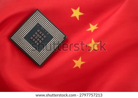 China flag with microprocessor chip, macro shot