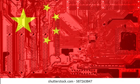 China Flag On The Circuit Board As Technology Background