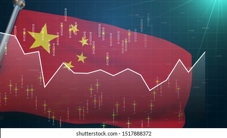 China Flag On Stock Market Background, Trade Finances Shanghai Exchange Currency