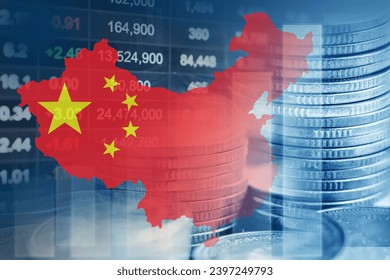 China flag with stock market finance, economy trend graph digital technology.