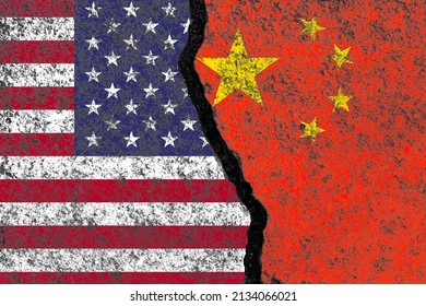 China Flag And United State Of America Flag Print Screen On Crack Wall For Business Competition And Military War Conflict Between Both Countries.