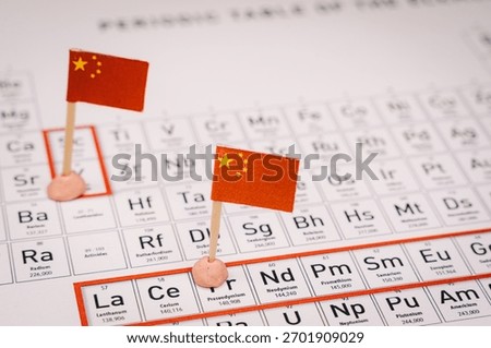 China flags marking elements on a periodic table, symbolizing the country's dominance and geopolitical influence over rare earth resources and their impact on global economy and supply chains