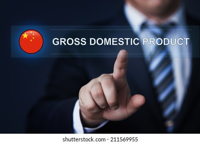 China Gross Domestic Product Concept. GDP. Man Pressing Virtual Button With Flag Icon