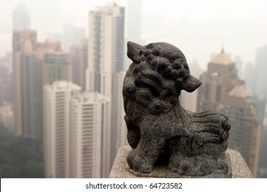 China Hong Kong On A Misty Day Chinese Lion Statue