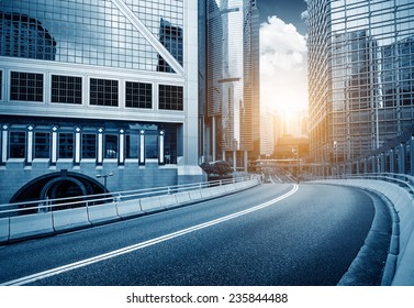 China, Hong Kong's Financial District, Street Viaduct And Skyscrapers.