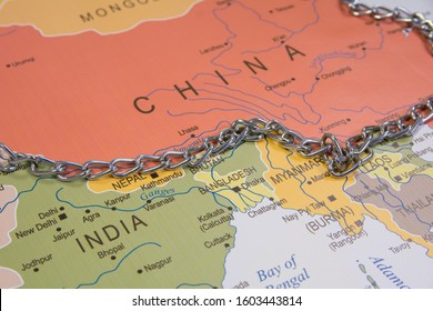 China And India Border Line With A Chain On World Map