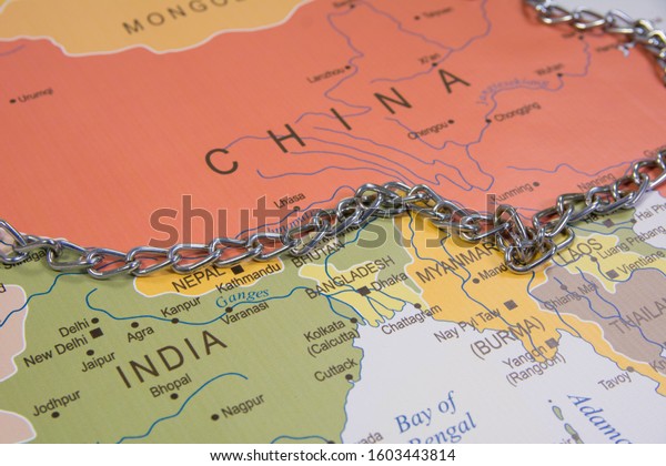 China and\
India border line with a chain on world\
map
