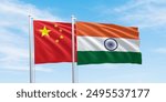 China and India flags, two flags waving on beautiful sky background