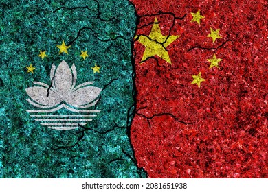 China and Macau painted flags on a wall with grunge texture. China and Macau conflict. Macau and China flags together. China vs Macau