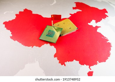 China made CPU chips on a Chinese red map.