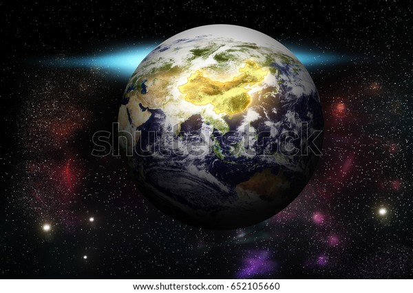 China map on earth in space,\
USA country Superpower Has a vast area,  blue world in the universe\
and nebula background, Light of night time. milky way galaxy. \
