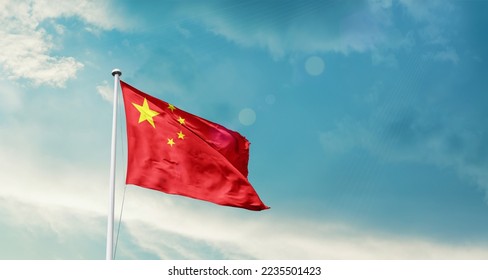 China national flag waving in beautiful sky.
