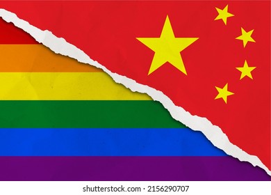 China And Rainbow Flag Ripped Paper Grunge Background. Concept Of Conflict And LGBT Rights. China Vs LGBT Community Metaphor. Tension And Crisis For Civil Right And Gay Pride