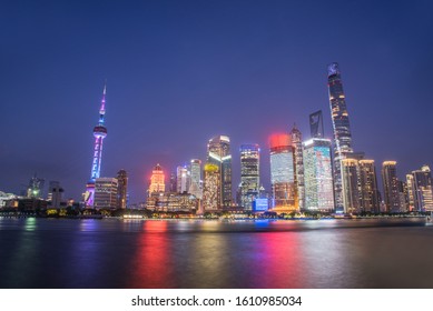 China Shanghai City Skyline Buildings Night Scene