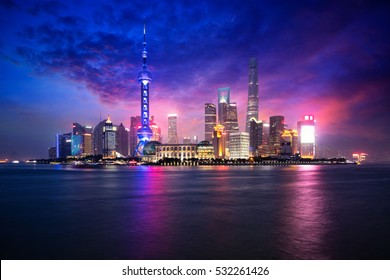 China Shanghai City Skyline At Dusk, Shanghai China