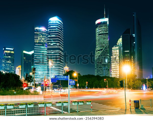 China Shanghai Night, Lujiazui financial\
district skyscrapers.