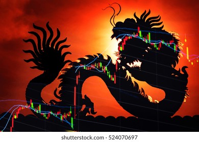 China Stock Market Price Graph Display. Dragon As Background Means China Economy Concept.