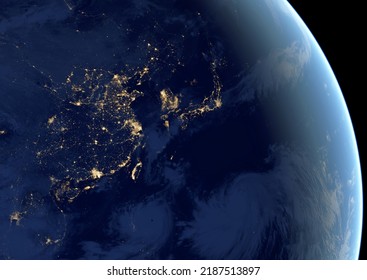 China, Taiwan, Korea And Japan On Globe At Night, East Asia Map In Satellite Photo. View Of City Lights On Earth, Eurasia Southeast, Pacific Ocean From Space. Elements Of This Image Furnished By NASA