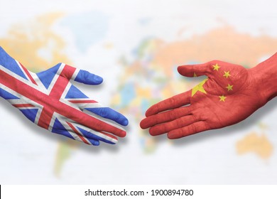 China And UK - Flag Handshake Symbolizing Partnership And Cooperation With The United Kingdom