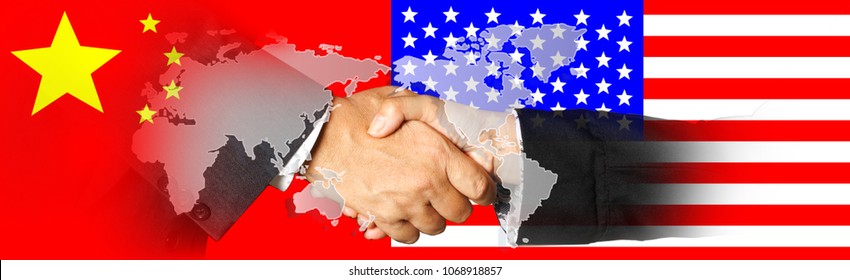 China And US Flags With A Handshake On World Map  Background