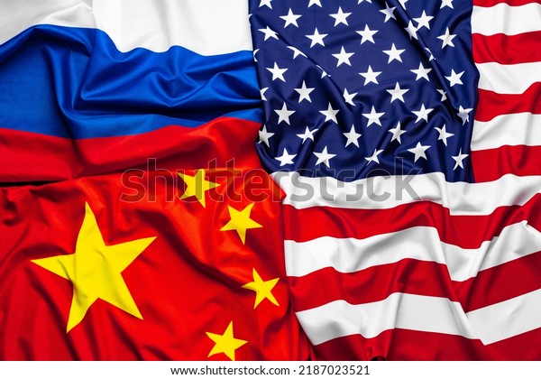 China, USA and\
Russia national flags top\
view