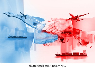 China USA Trade War And American Tariffs As Two Opposing Cargo Freight Containers In Conflict As An Economic Dispute Over Import And Exports Concept