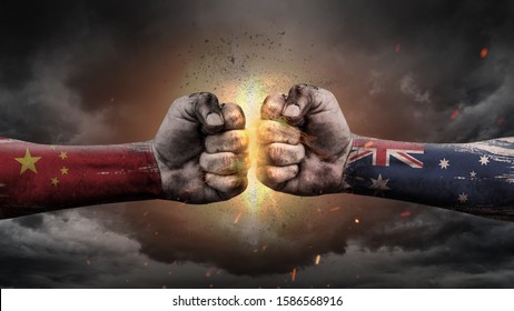 China Vs Australia Flag. Fists With Flags. Battle Of China With Australia On Sky.