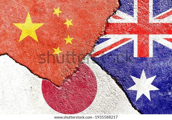 China VS Australia VS Japan national flags icon\
on broken weathered concrete wall with cracks, abstract\
international politics economy relationship conflicts pattern\
texture background\
wallpaper