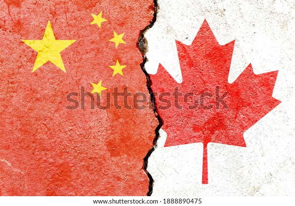 China VS Canada national flags icon isolated on
broken weathered cracked concrete wall background, abstract China
Canada politics economy relationship friendship conflicts concept
texture wallpaper