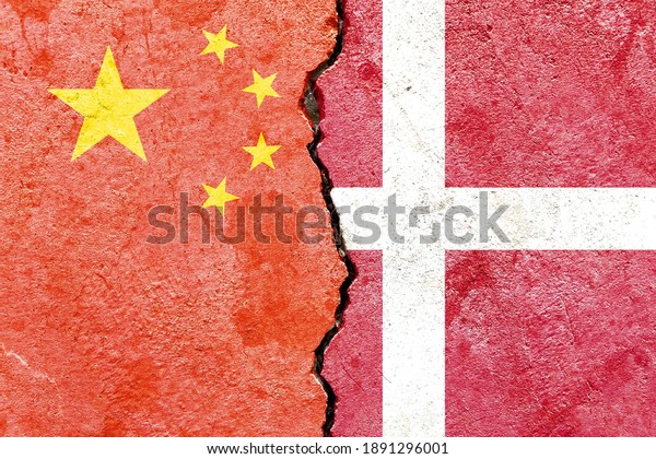 China vs Denmark national flags icon grunge\
pattern isolated on broken weathered cracked wall background,\
abstract China Denmark relationship friendship divided conflicts\
concept texture wallpaper