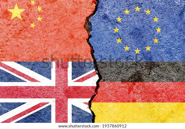China VS EU VS UK VS Germany national flags\
icon on broken cracked wall background, abstract international\
political relationship partnership friendship conflicts concept\
pattern texture wallpaper