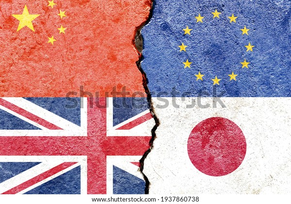 China VS EU VS UK VS Japan national flags icon\
on broken cracked wall background, abstract international political\
relationship partnership friendship conflicts concept pattern\
texture wallpaper
