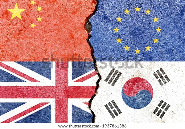 China VS EU VS UK VS South Korea national flags\
icon on broken cracked wall background, abstract international\
political relationship partnership friendship conflicts concept\
pattern texture wallpaper