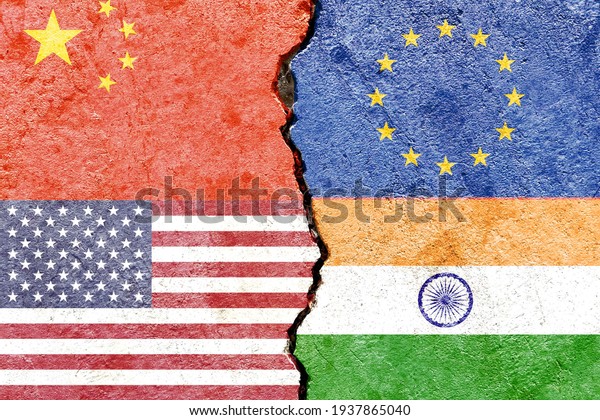 China VS EU VS USA VS India national flags icon\
on broken cracked wall background, abstract international political\
relationship partnership friendship conflicts concept pattern\
texture wallpaper
