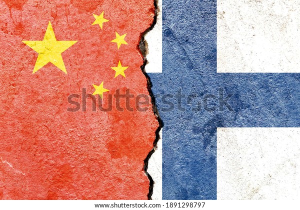 China vs Finland national flags icon grunge\
pattern isolated on broken weathered cracked wall background,\
abstract China Finland relationship friendship divided conflicts\
concept texture wallpaper