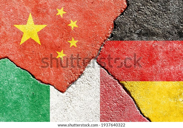 China VS Germany VS Italy national flags icon\
on broken weathered wall with cracks, abstract international\
country political economic relationship conflicts pattern texture\
background wallpaper