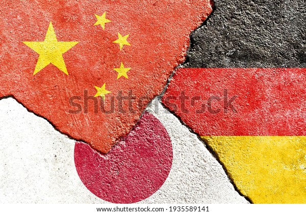 China VS Germany VS Japan national flags icon\
on broken weathered wall with cracks, abstract international\
country political economic relationship conflicts pattern texture\
background wallpaper