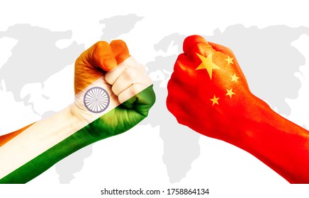 CHINA Vs INDIA Concept, Hands Painted India Flag And China Flag On White Background