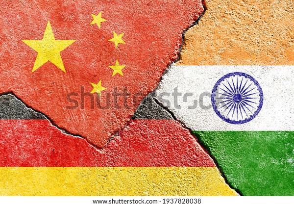 China VS India VS Germany national flags icon\
on broken weathered cracked wall background, abstract international\
country political economic relationship conflicts concept pattern\
texture wallpaper