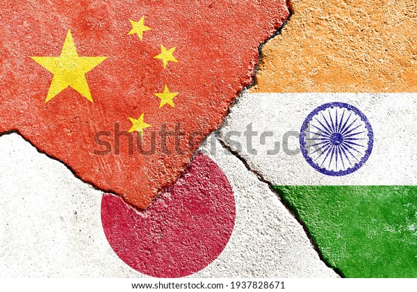 China VS India VS Japan national flags icon on\
broken weathered cracked wall background, abstract international\
country political economic relationship conflicts concept pattern\
texture wallpaper
