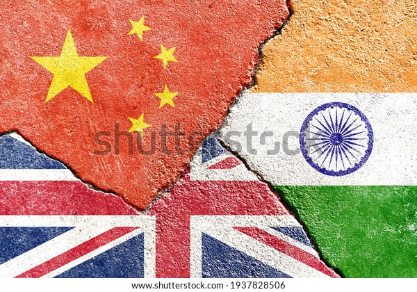 China VS India VS UK national flags icon on\
broken weathered cracked wall background, abstract international\
country politics economy relationship conflicts concept pattern\
texture wallpaper