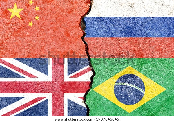 China VS Russia VS UK VS Brazil national flags
icon on broken cracked wall background, abstract international
political relationship partnership friendship conflicts concept
texture wallpaper