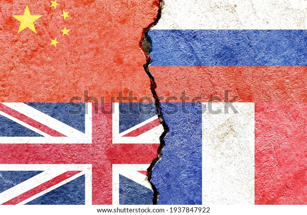 China VS Russia VS UK VS France national flags\
icon on broken cracked wall background, abstract international\
politics relationship partnership friendship conflicts concept\
texture wallpaper