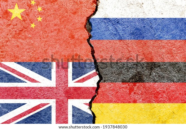 China VS Russia VS UK VS Germany national flags\
icon on broken cracked wall background, abstract international\
political relationship partnership friendship divided conflicts\
concept texture wallpaper