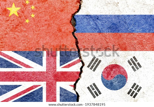 China VS Russia VS UK VS South Korea national\
flags icon on broken cracked wall background, abstract\
international political relationship partnership friendship\
conflicts concept texture\
wallpaper