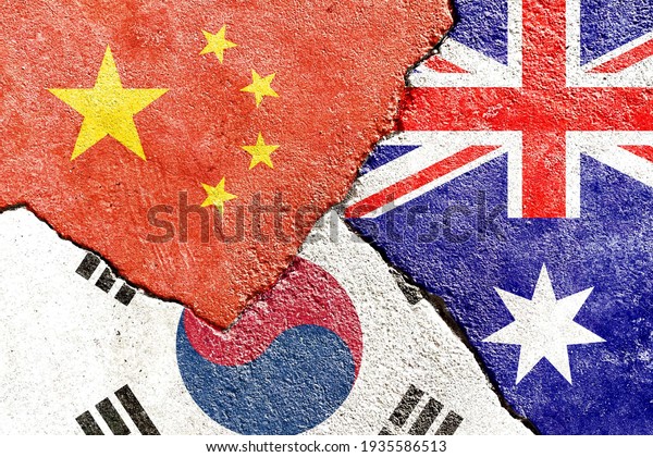 China VS South Korea VS Australia national\
flags icon on broken weathered wall with cracks, abstract\
international politics economy relationship conflicts pattern\
texture background\
wallpaper